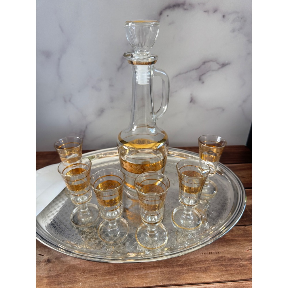 Mid Century Decanter Set Gold Rim Glasses Vintage Barware - Picture 2 of 8